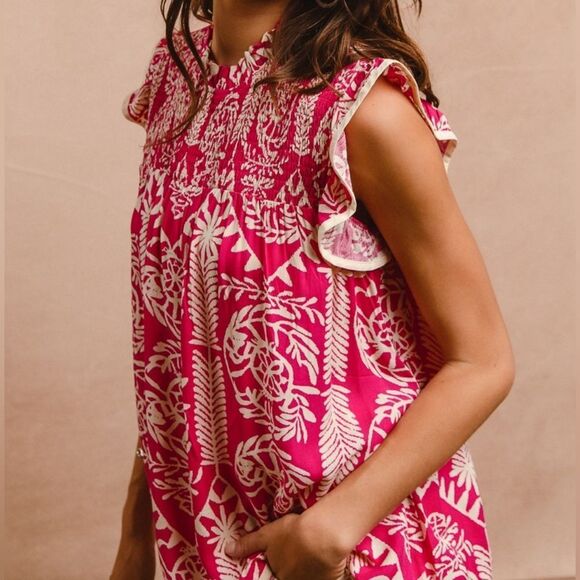 **BiBi Printed Ruffle Sleeve Top Pink and White Batik Print Women's Top - Picture 3 of 15